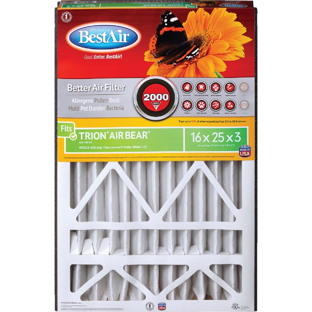 BestAir AB3-1625-11R AC Furnace Air Filter, 16" x 25" x 3", MERV 11, Fits 100%, For Trion Air Bear, Supreme, Skuttle, GeneralAire, Source1 & Ultravation Models, Pack of 1