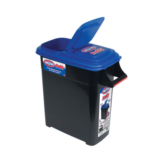 Kingsford Charcoal Storage Bin 22 lb Capacity, Stackable Black Wood or Smoker Pellet Container - Heavy-Duty Grip Handle - Blue Flip Lid