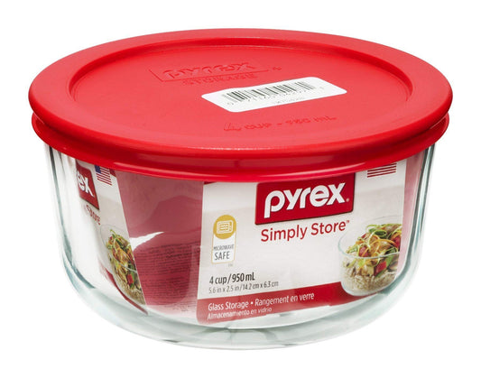 Pyrex 4-Cup Round Glass Container with Red Lid
