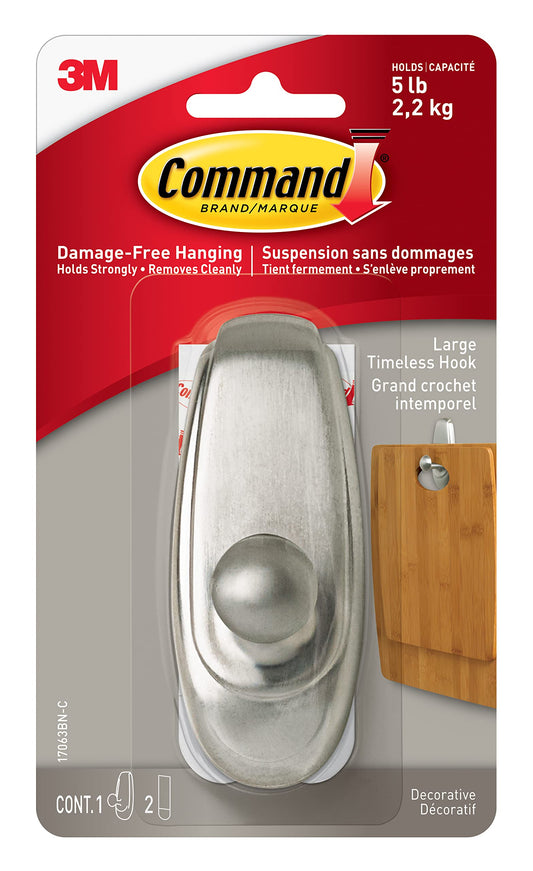 Command Timeless Large Hook 3-3/4" Brushed Nickel