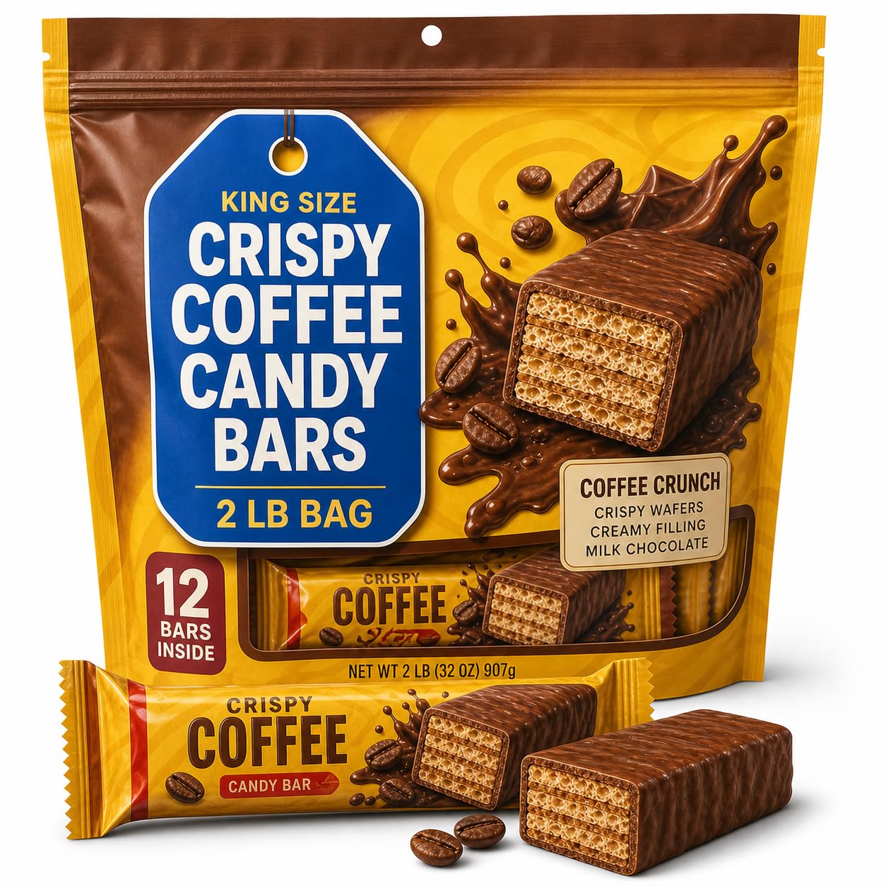 King Size Crispy Coffee Candy Bars, 75g Each, Pack of 12, 2 Pound Bag