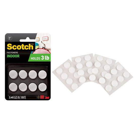 Scotch Multi-Purpose Hook and Loop Fasteners, 5/8 in x 5/8 in, Circles, 16 Sets, White, for Indoor Use, Holds up to 3 lbs/1 lb per 1 in.