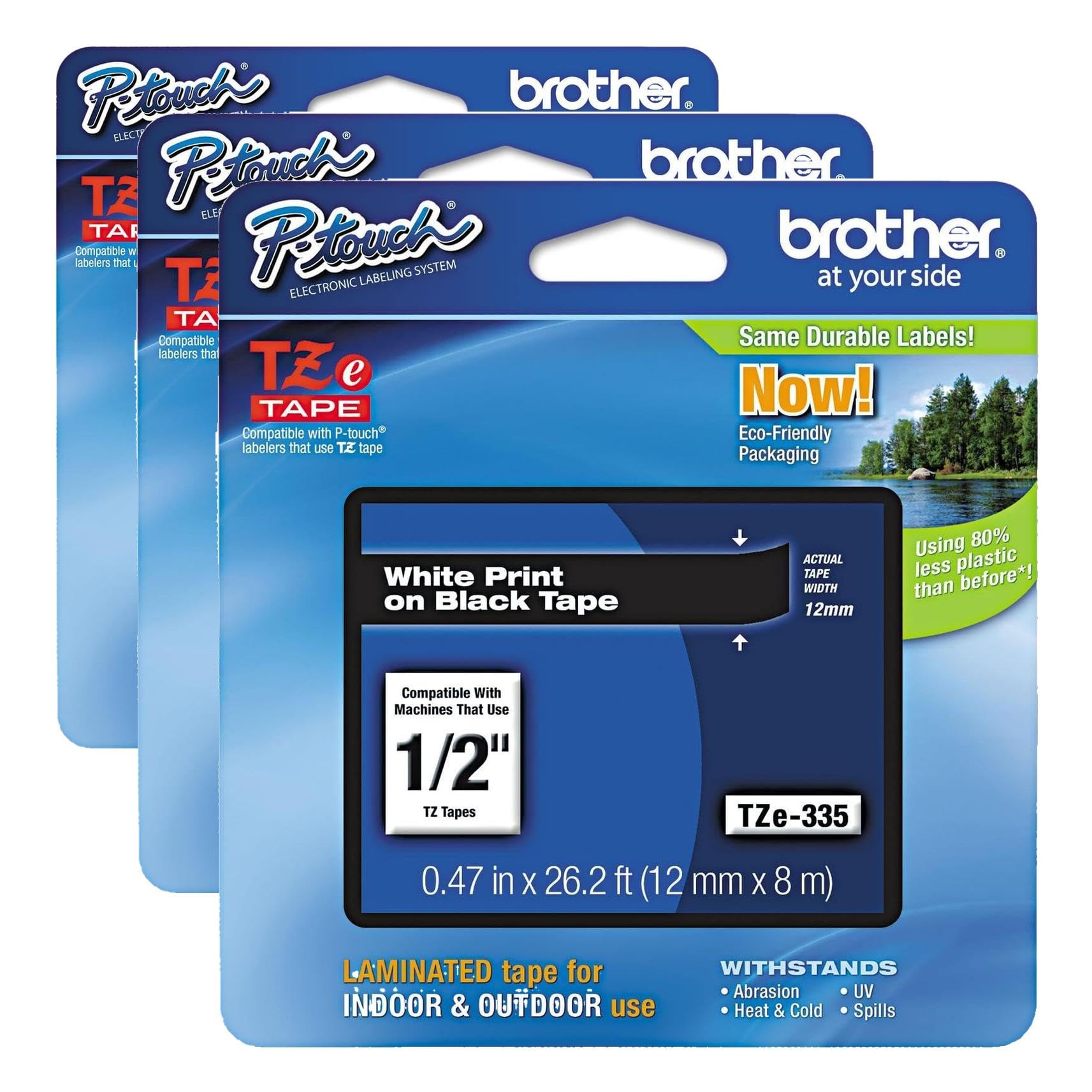Brother TZe335 P-Touch 0.47" White on Black Tape 3-Pack