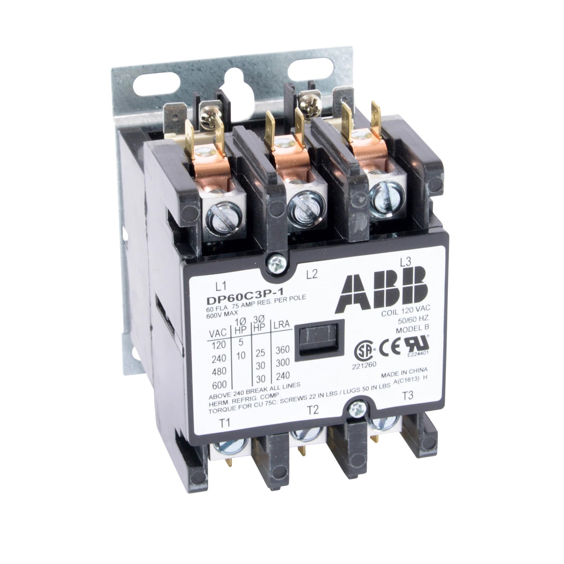 ABB DP60C3P-1 60A, 3P, Definite Purpose Contactor