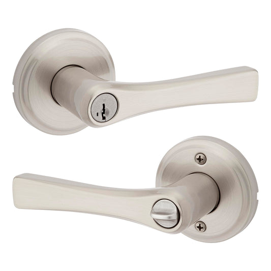 Kwikset Katella Entry Door Handle with Lock and Key, Secure Keyed Reversible Lever Exterior, For Front Entrance and Bedrooms, Satin Nickel, Pick Resistant Smartkey Rekey Security and Microban
