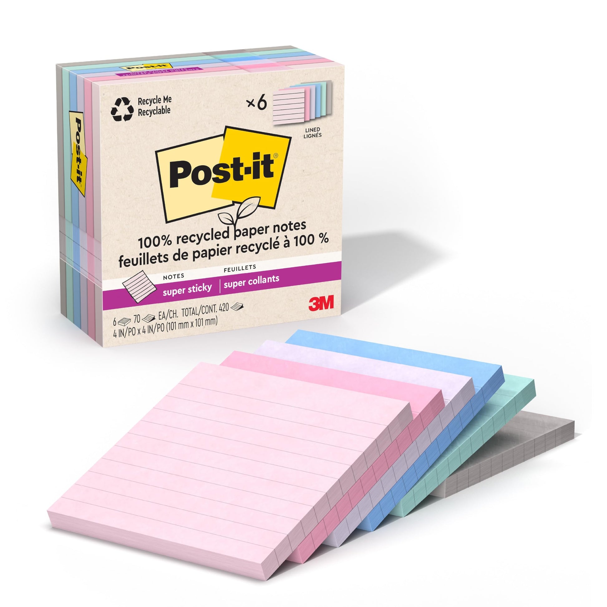 Post-it 100% Recycled Paper Super Sticky Notes, Lined, 4 in. x 4 in., 6 Pads, 70 Sheets per Pad, Wanderlust Pastels, School Supplies and Office Products