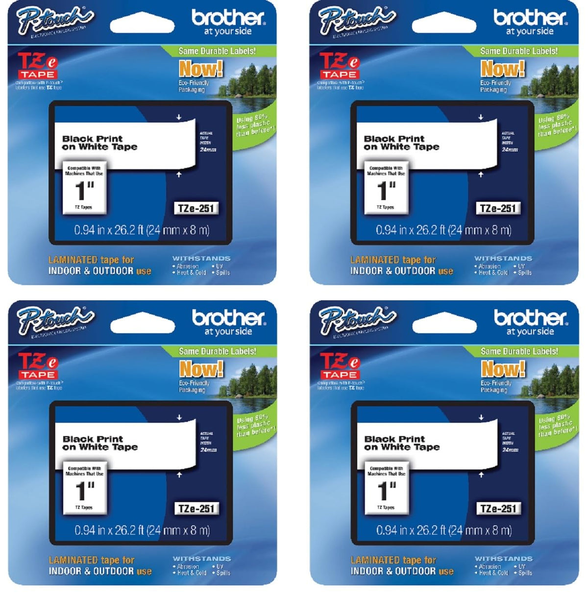 Brother Genuine P-Touch 4-Pack TZe-251 Laminated Tape, Black Print on White Standard Adhesive Laminated Tape for P-Touch Label Makers, Each Roll is 0.94"/24mm (~ 1") Wide, 26.2 ft. (8M) Long