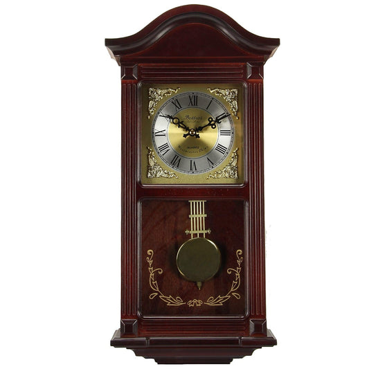 Bedford Clock Collection BED1423MAH Small Wood Wall Clock with Brass Pendulum and 4 Chimes, 22 Inch, Mahogany Cherry Oak
