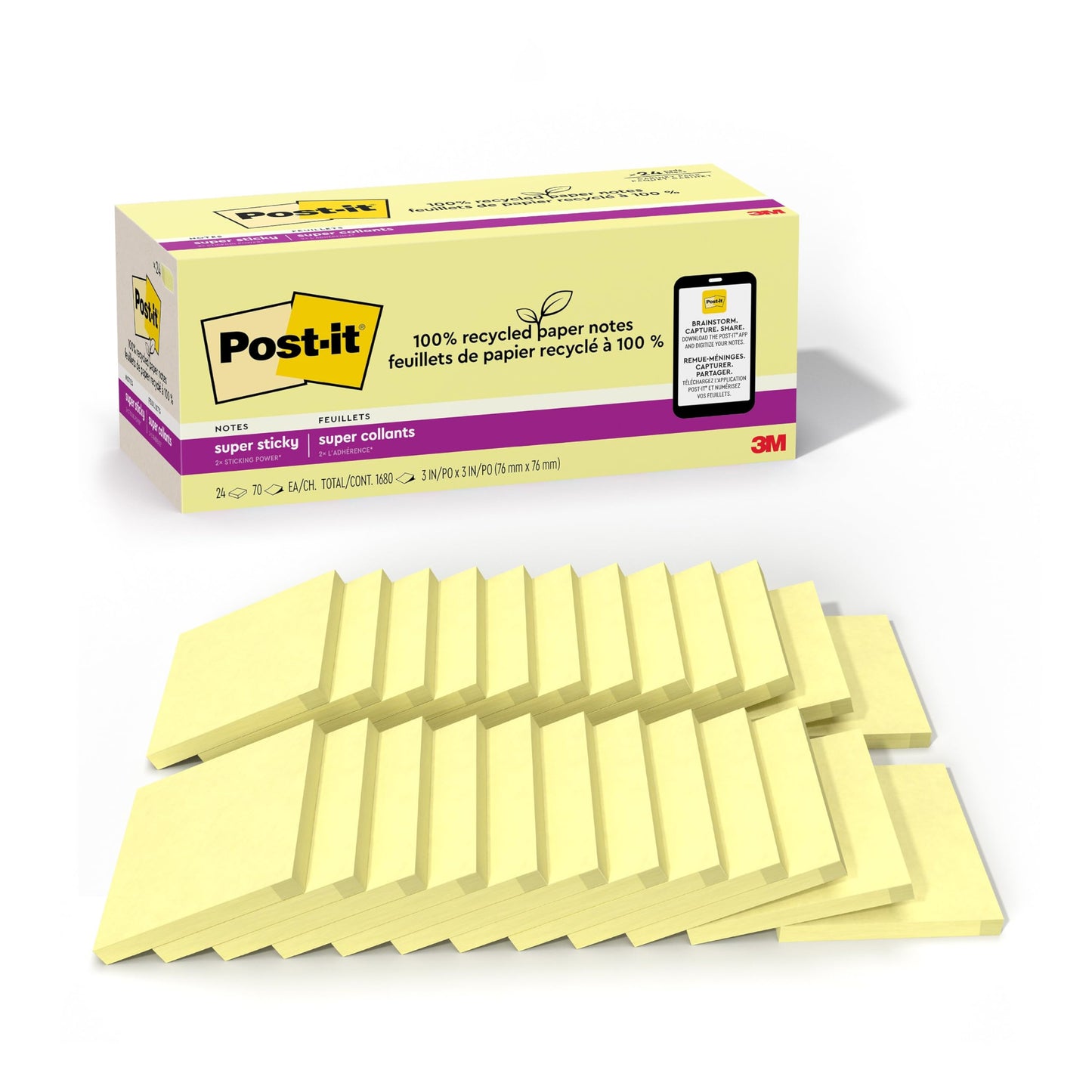 Post-it 100% Recycled Paper Super Sticky Notes, Canary Yellow, 3 in. x 3 in., 24 Sticky Note Pads, 70 Sheets per Pad, New Year Organization or Second Semester School Supplies