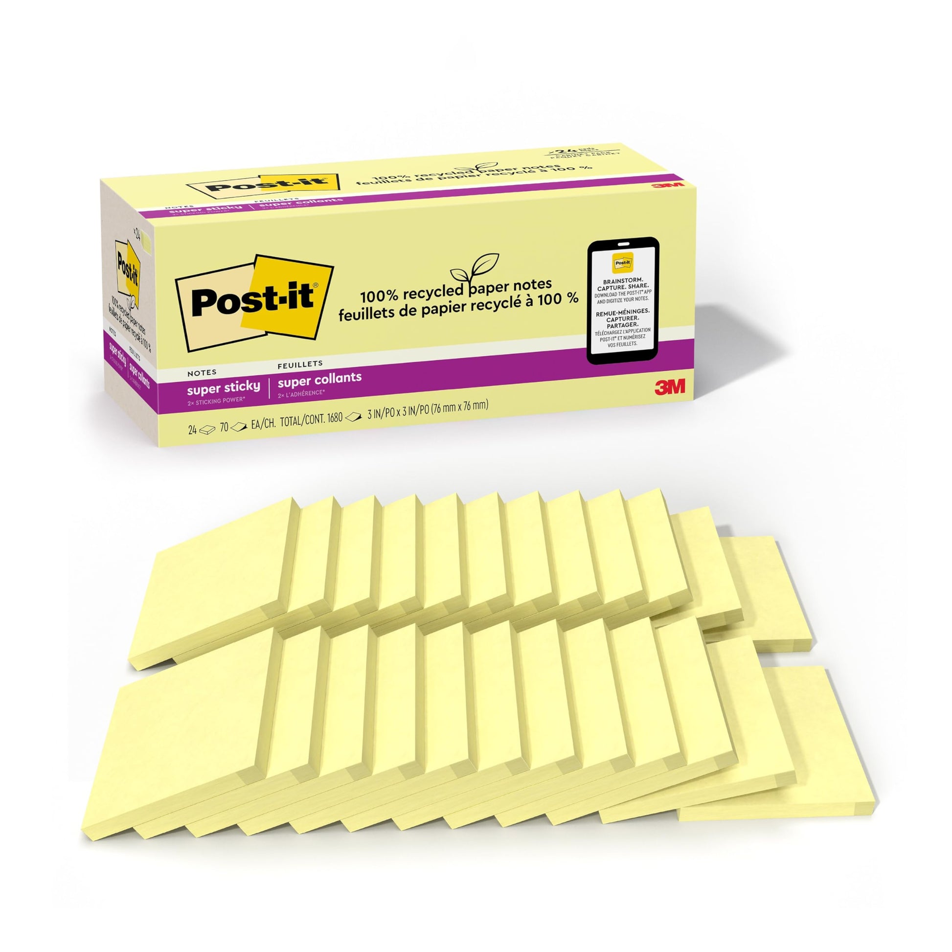 Post-it 100% Recycled Paper Super Sticky Notes, Canary Yellow, 3 in. x 3 in., 24 Sticky Note Pads, 70 Sheets per Pad, New Year Organization or Second Semester School Supplies