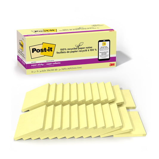 Post-it 100% Recycled Paper Super Sticky Notes, Canary Yellow, 3 in. x 3 in., 24 Sticky Note Pads, 70 Sheets per Pad, New Year Organization or Second Semester School Supplies