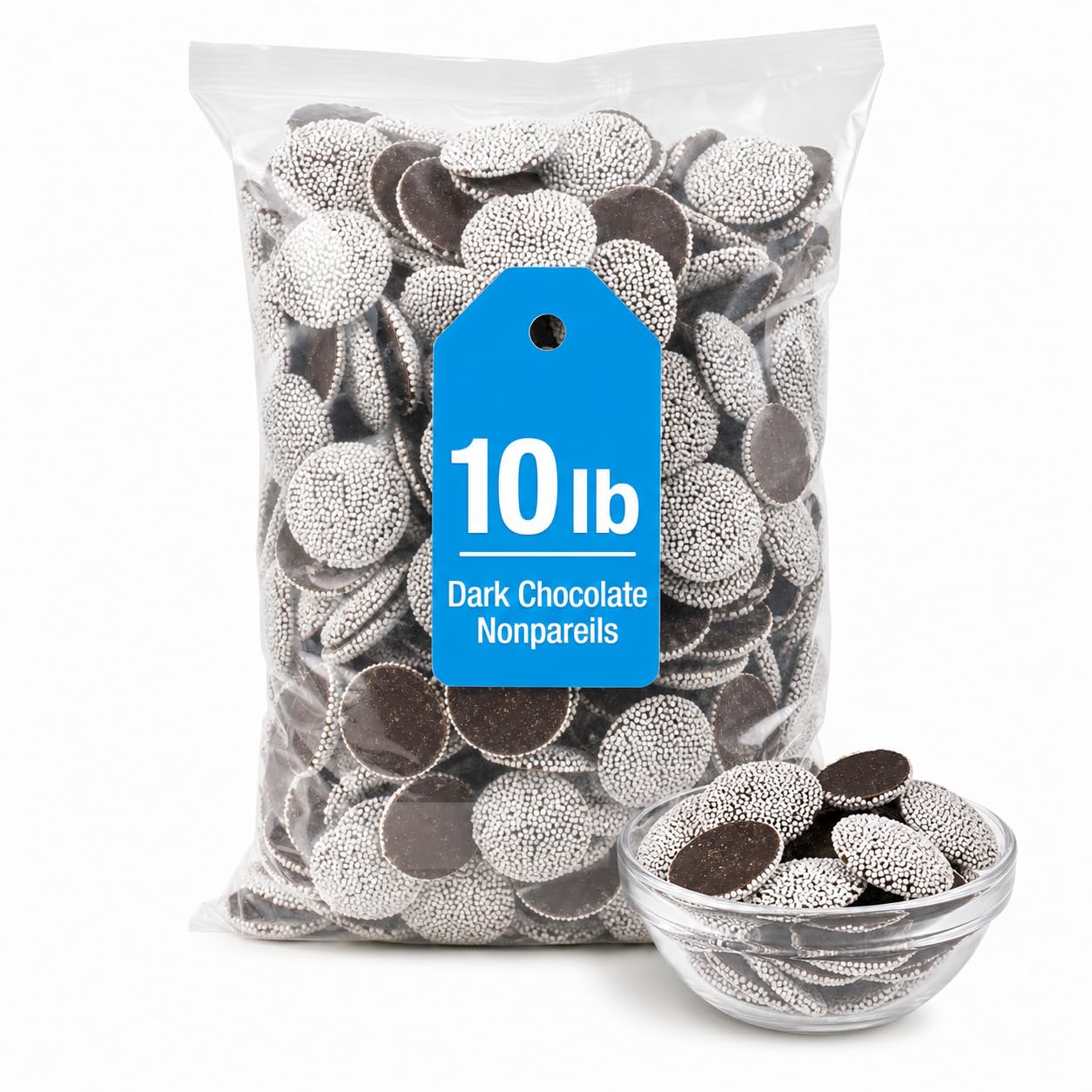 Bayside Candy Regular Nonpareils Dark Chocolate - French Style Chocolate Sprinkles Candy - Dark Chocolate Nonpareils - Chocolate Discs Topped with White Nonpareils (10LB)