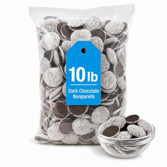 Bayside Candy Regular Nonpareils Dark Chocolate - French Style Chocolate Sprinkles Candy - Dark Chocolate Nonpareils - Chocolate Discs Topped with White Nonpareils (10LB)