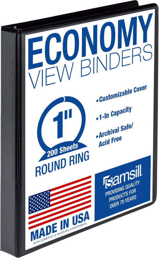 Samsill 0.5 Inch 3 Ring Binder, Made in USA, Economy Round Ring, Clear View Cover, 100 Sheet Capacity - for School, Home, Office - Black