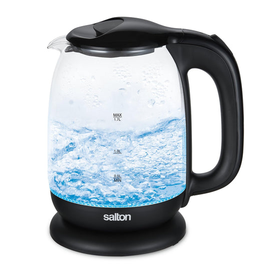 Salton 1.7L cordless glass kettle - Blue LED lighting - Thermal shock resistant glass - Ideal spout - Automatic shut-off - 360° base - Hidden heating element - Pride