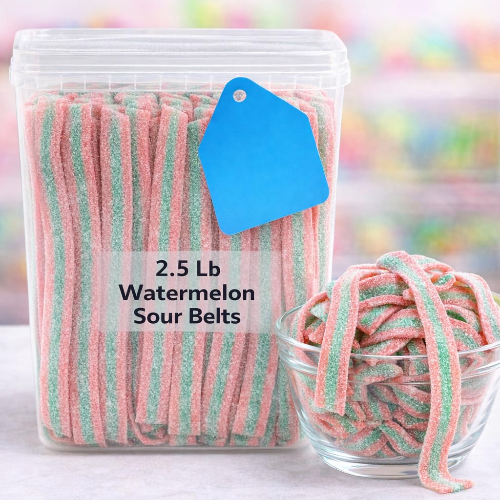 Sour Power Premium Watermelon Candy Belts – The Original Sour Candy Since 1985 – 2.5 lb Resealable Bulk Tub – Vegan, Non-GMO, Gelatin Free – Soft, Chewy, Sweet & Tart Retro Treats – Bubble-Wrapped & Boxed for Safe Shipping