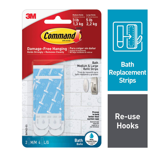 Command Medium & Large Water-Resistant Adhesive Refill Strips, Re-Hang Medium & Large Bath Hooks or Caddies, 6 packs (12 Medium Strips and 24 Large Strips total), BATH22-ES