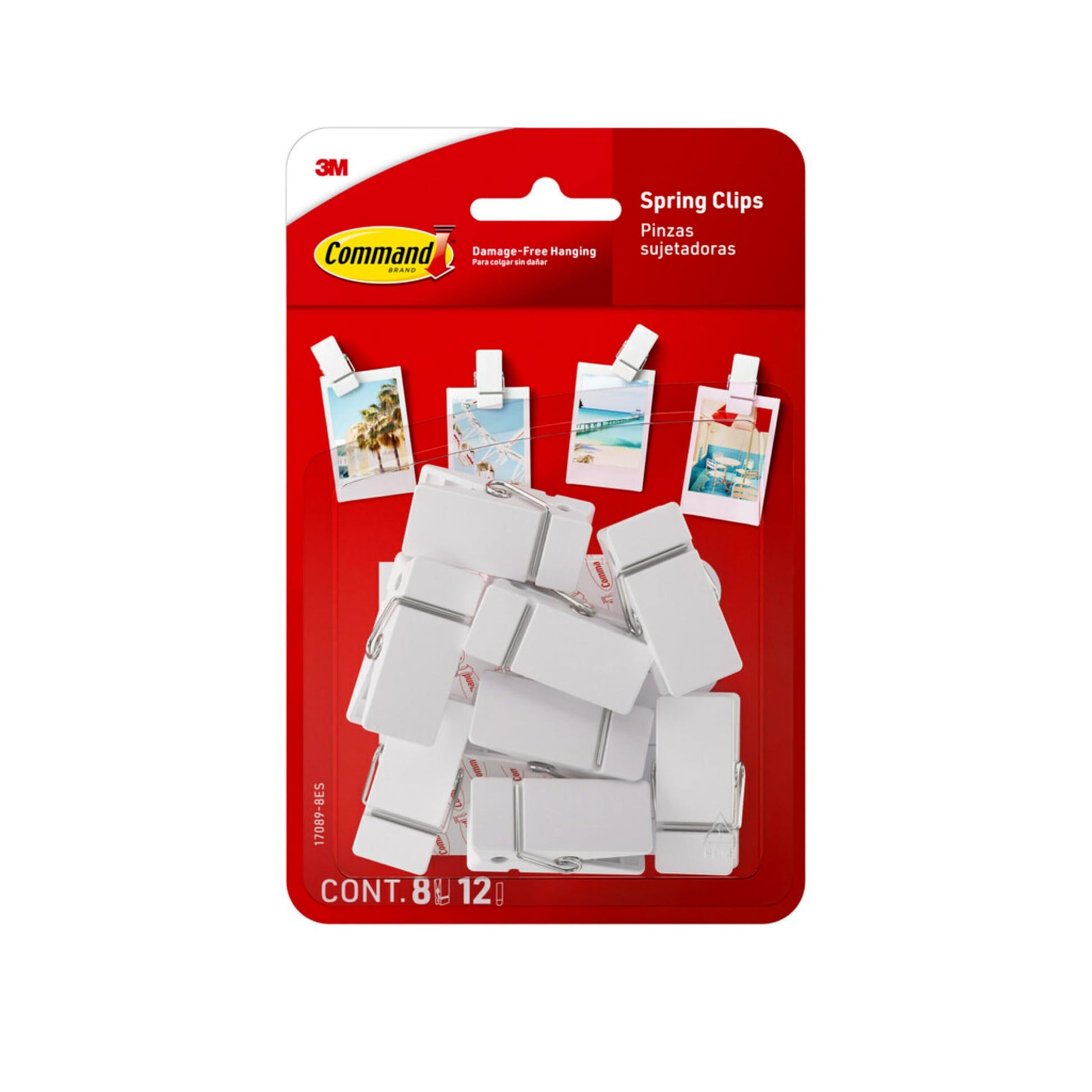 Command Spring Clips, White, Pack of 8 with 12 Adhesive Strips – Damage-Free Hanging Clips for Photos, Notes, Lightweight Decorations, and Office Organization – No Tools Required for Clean, Easy Use