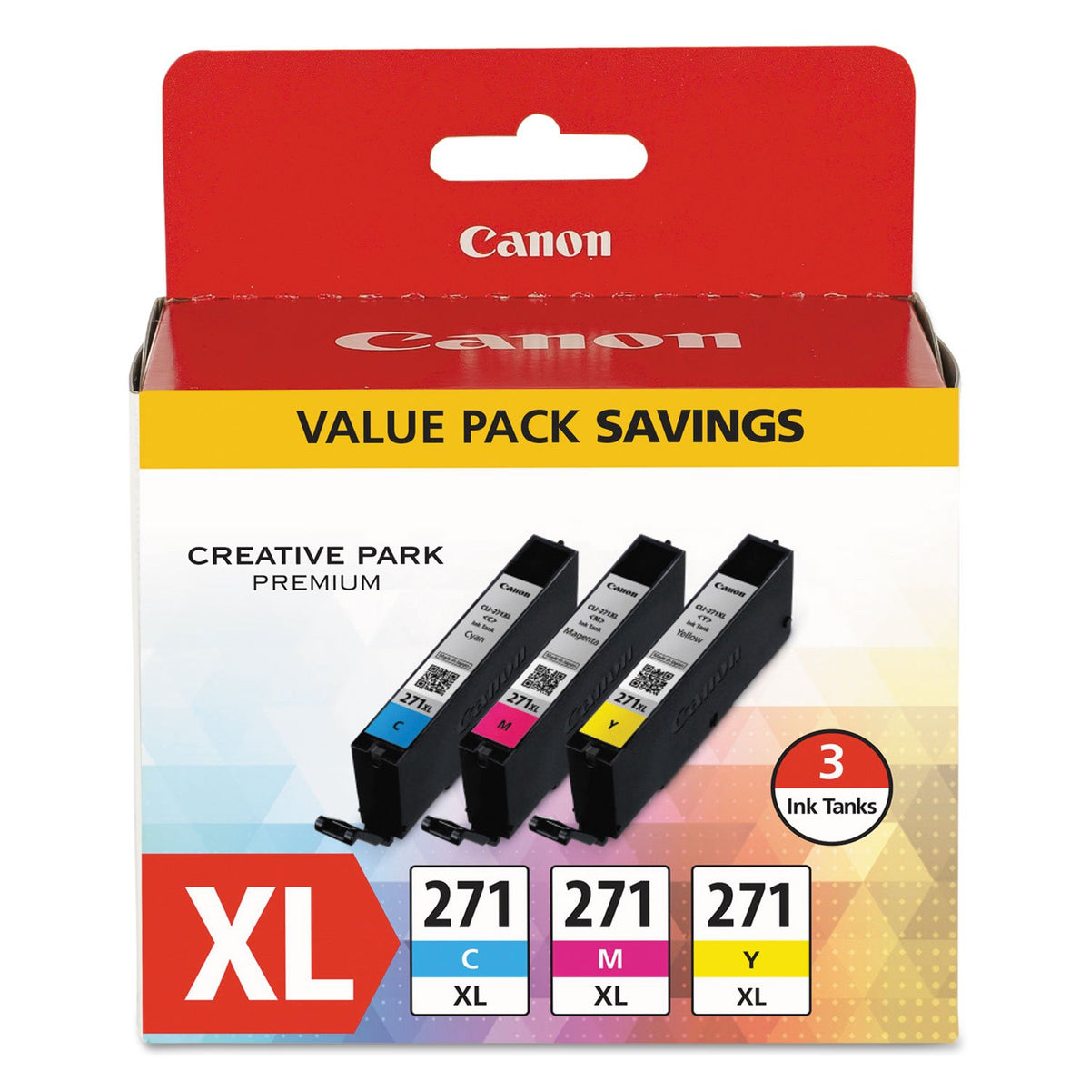 Canon CLI-271XL High-Yield Cyan/Magenta/Yellow Ink Tanks (0337C005), Pack Of 3