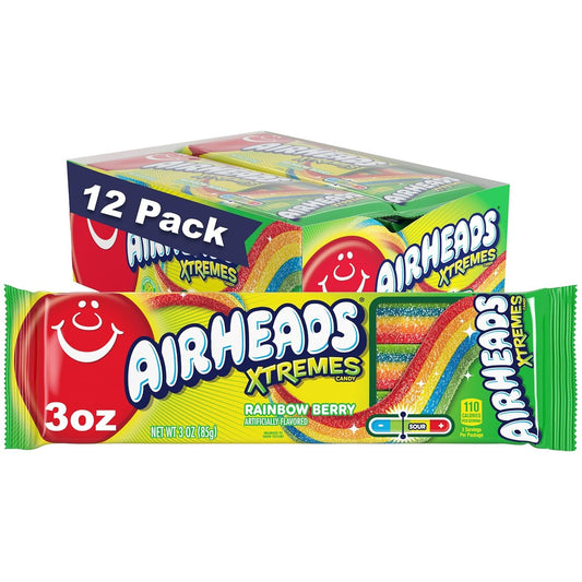 Airheads Xtremes Belts, Halloween Trick or Treat Sweetly Sour Candy, Rainbow Berry Flavor, Individually Wrapped Bulk Candy for Adults & Kids, Movie Theater, Party, Non-Melting, 3 oz (Pack of 12)