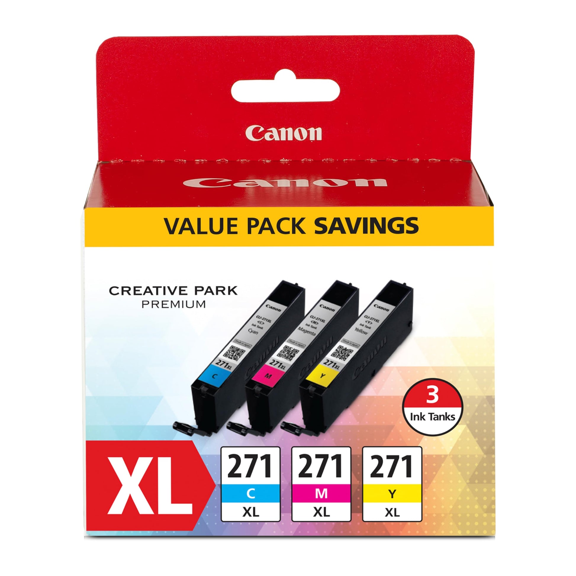 Canon CLI-271XL High-Yield Cyan/Magenta/Yellow Ink Tanks (0337C005), Pack Of 3