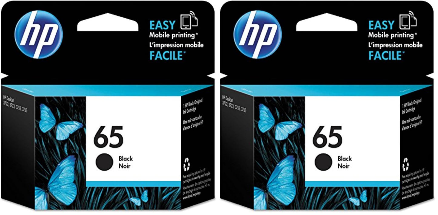HP 65 Black Ink Cartridge, Works with AMP 100, DeskJet 2600, 3700; Envy 5000, Eligible for Instant Ink, N9K02AN (Pack of 2)