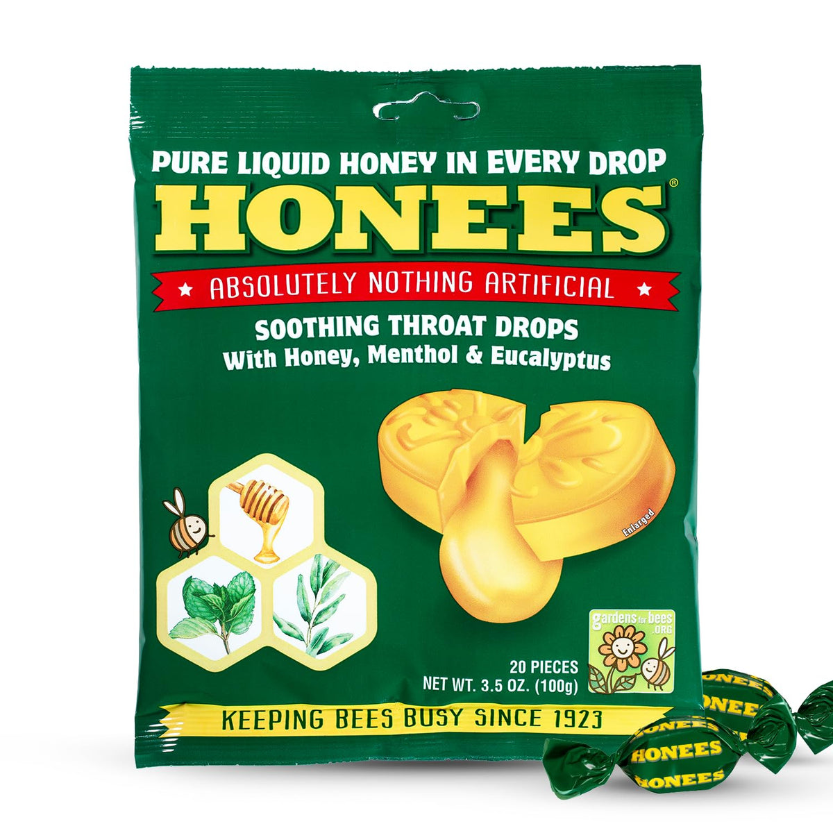 Honees Honey Menthol Cough Drops - 20-Piece, Single Pack Honey-Filled Lozenges | Temporary Relief from Cough | Soothes Sore Throat | All Natural