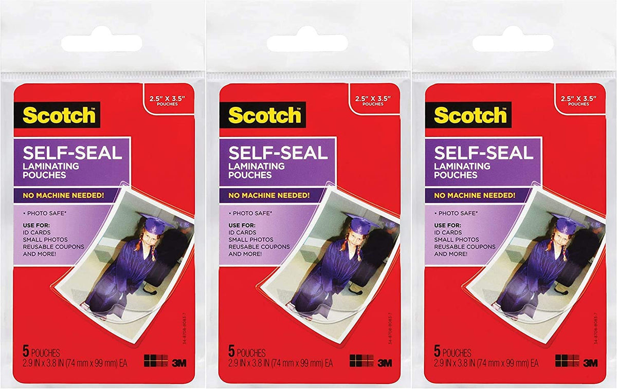3M Scotch Self-Sealing Laminating Pouches Wallet Size 2.5" x 3.5" 15-Pack