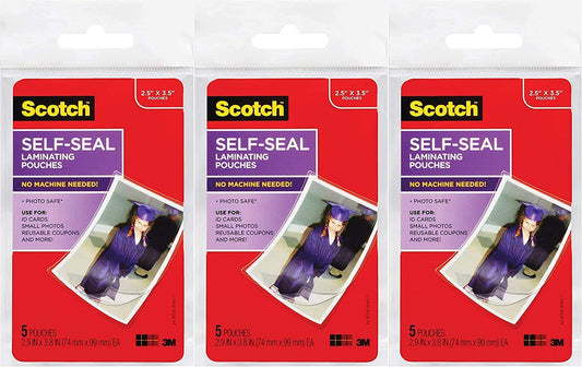 3M Scotch Self-Sealing Laminating Pouches Wallet Size 2.5" x 3.5" 15-Pack