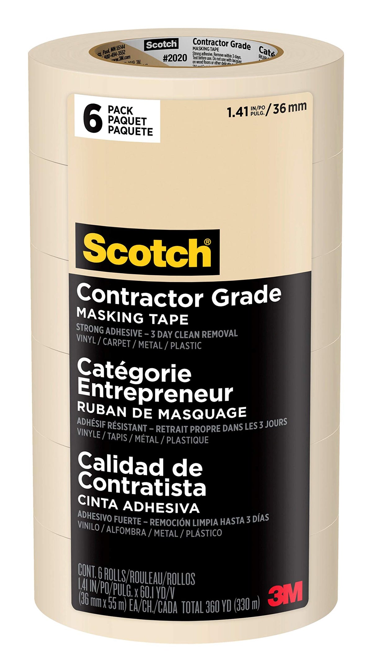 3M Scotch Contractor Grade Masking Tape 6-Pack 1.41 in x 60.1 yd