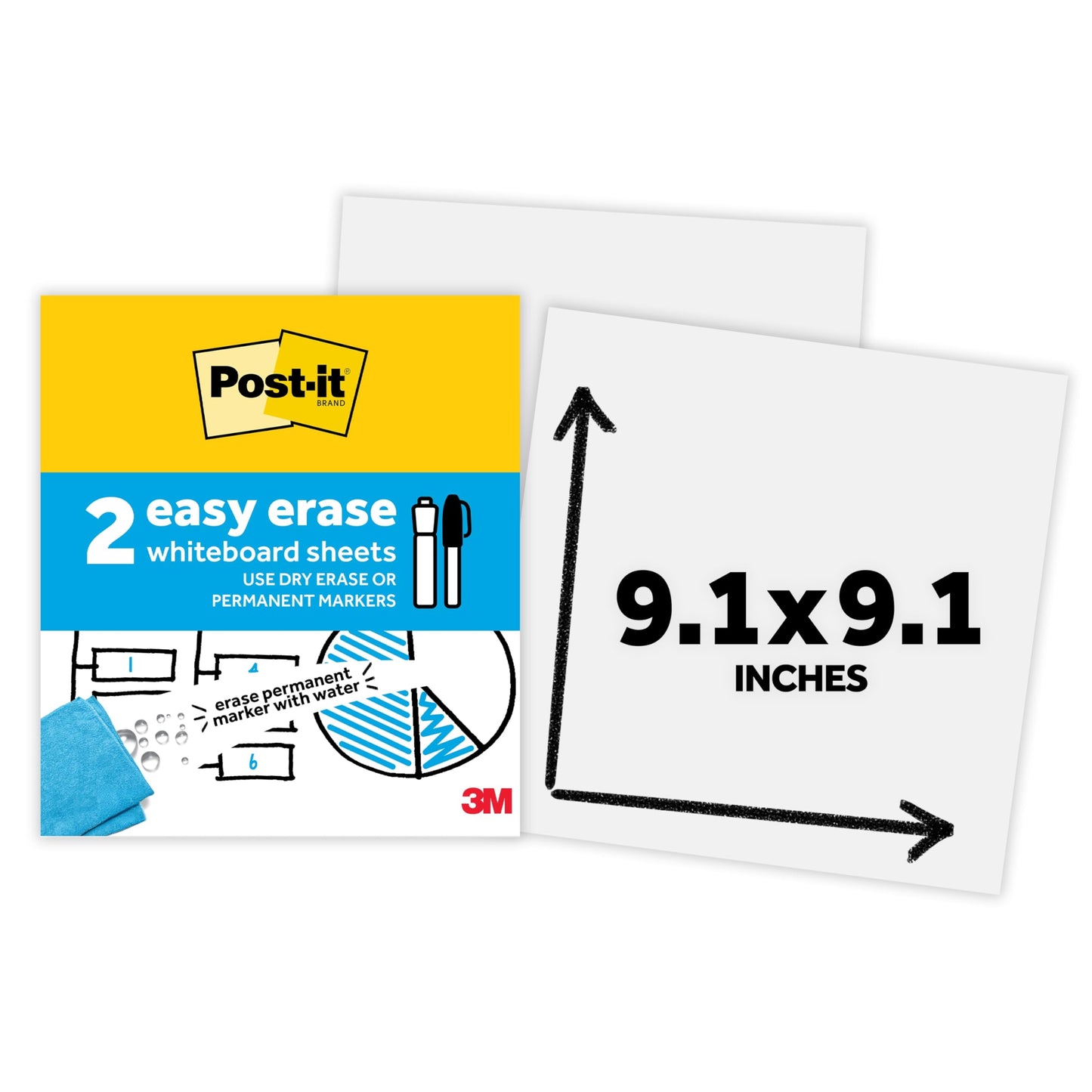 Post-it Easy Erase Whiteboard Sheets, 2 Pack, 9.1 x 9.1 in, Instant Whiteboard, Use Dry Erase and Permanent Markers (EE-SH-2PK-SIOC)