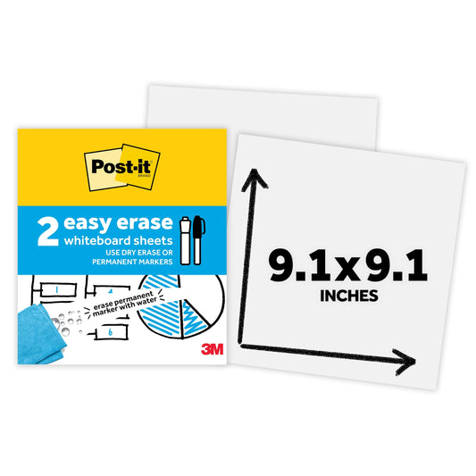 Post-it Easy Erase Whiteboard Sheets, 2 Pack, 9.1 x 9.1 in, Instant Whiteboard, Use Dry Erase and Permanent Markers (EE-SH-2PK-SIOC)