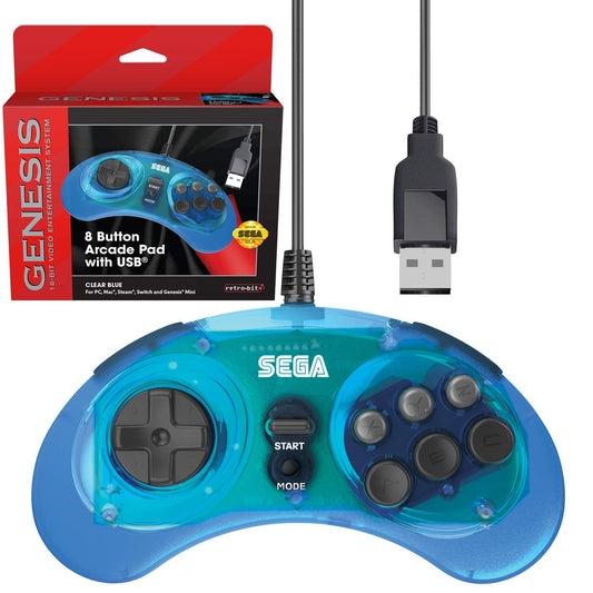 Retro-Bit Sega Genesis USB Controller Clear Blue