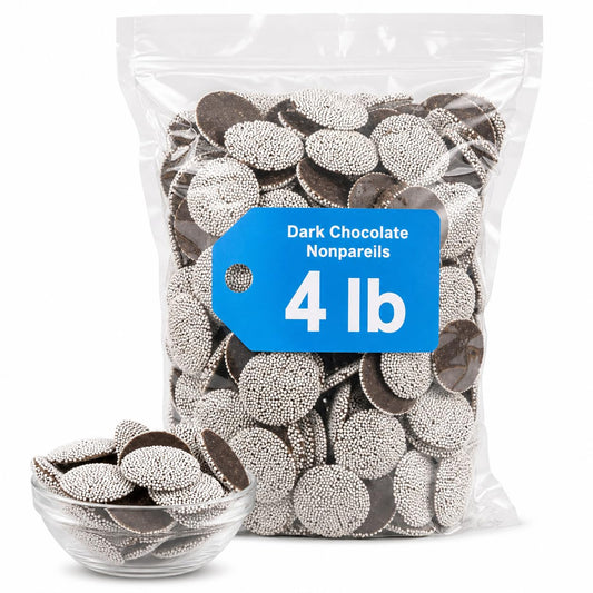 Bayside Candy Regular Nonpareils Dark Chocolate - French Style Chocolate Sprinkles Candy - Dark Chocolate Nonpareils - Chocolate Discs Topped with White Nonpareils (4LB)