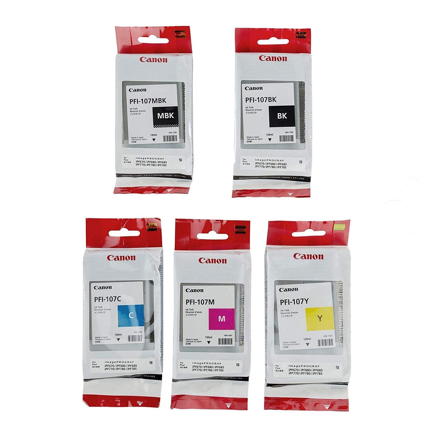 Canon PFI-107 130ml Ink Tank for Canon iPF670/680/685/780/785, set of 5 Inks