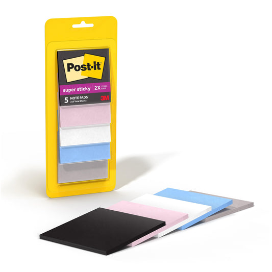 Post-it Super Sticky Notes, 5 Sticky Note Pads, 3 x 3 in., School Supplies for Students, Ideal for Textbooks, Notebooks, Walls and Vertical Surfaces, Simply Serene Collection