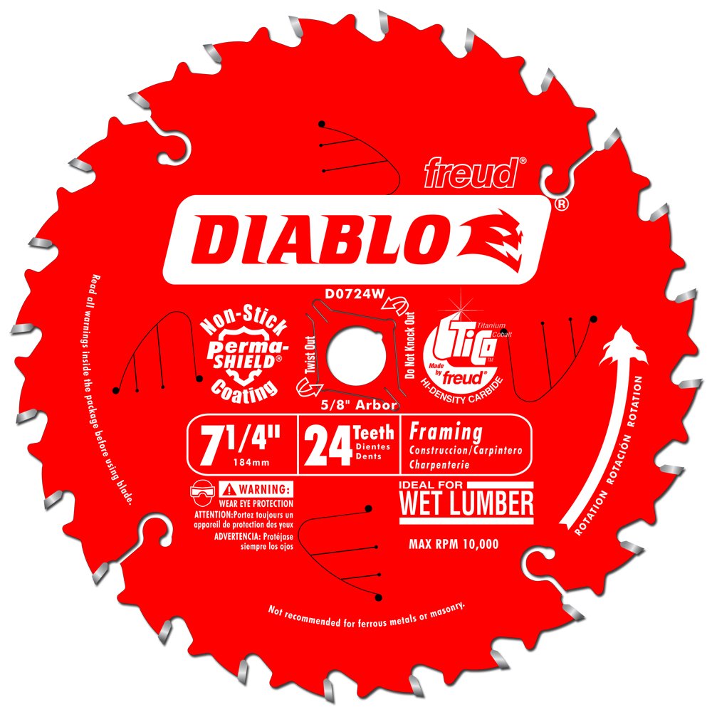 Diablo Framing Saw Blade with Perma-SHIELD for Long Life & Fast Cuts on Woods - 24 Teeth, 7-1/4" Diameter, 5/8" Arbor, .059" Kerf - D0724W