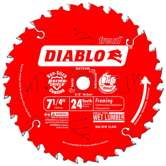 Diablo Framing Saw Blade with Perma-SHIELD for Long Life & Fast Cuts on Woods - 24 Teeth, 7-1/4" Diameter, 5/8" Arbor, .059" Kerf - D0724W