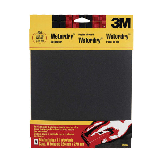 3M Wetordry Sandpaper, 5 Sheets, 9 in x 11 in, 320 Grit, Extra Fine, Use for Wet and Dry Sanding, For Sanding Between Coats of Varnish, Lacquer, Paint & Other Finishes, Waterproof Paper (9086DC-NA)