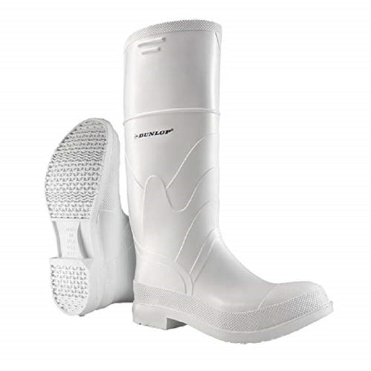 Dunlop White PVC Plain Toe - Rubber Boots for Men & Women - PVC - Work & Concrete Boots - Soft Toe - Waterproof with Tall Shaft - Chemical and Slip Resistant - White - Size 3-13
