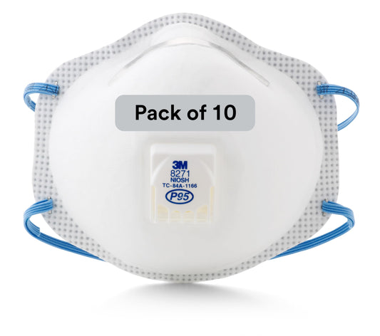 3M Particulate Respirator 8271, P95, Pack of 10, NIOSH APPROVED, Cool Flow Exhalation Valve, Braided Headband, Adjustable M-noseclip, Disposable General Purpose for Dust and other Particles