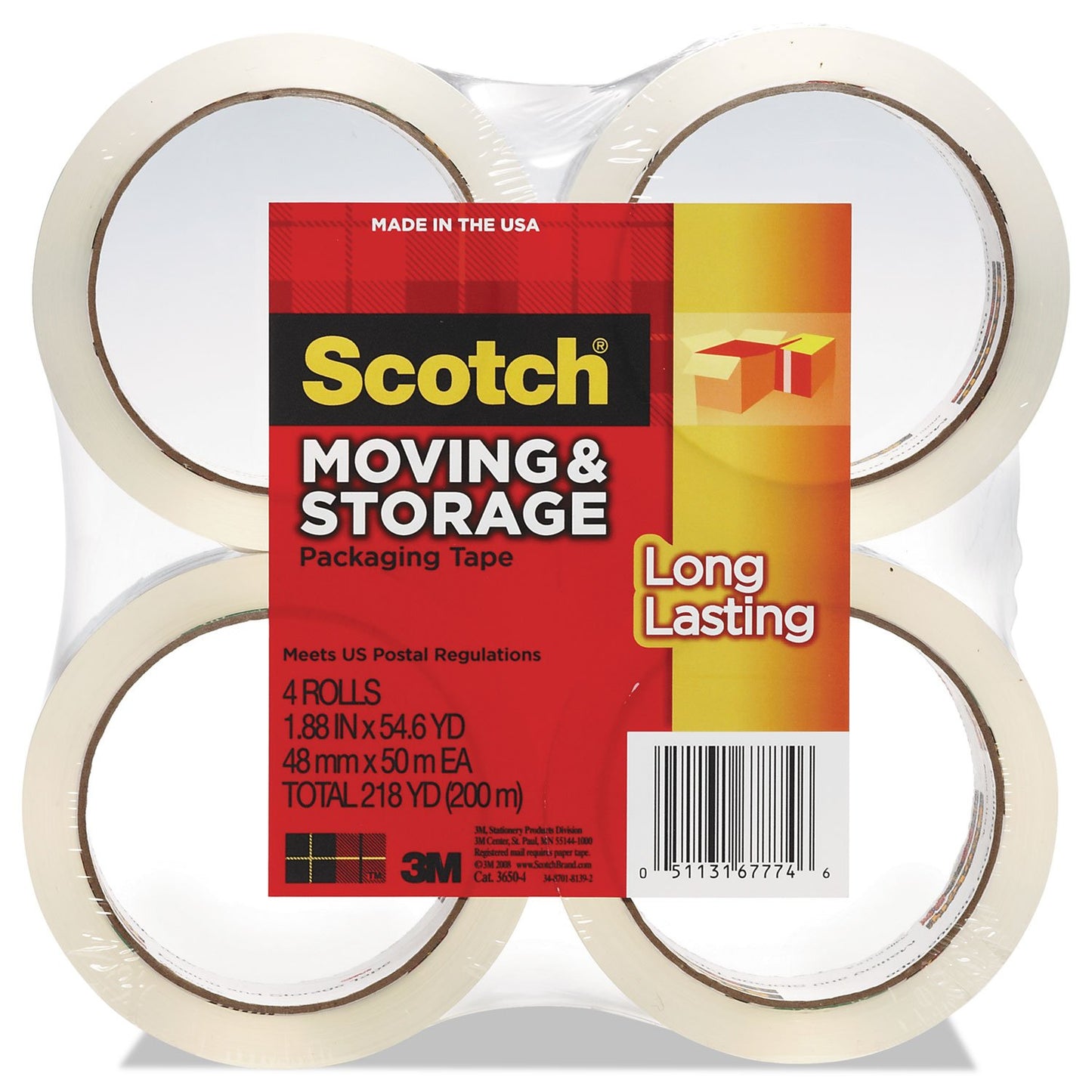 Scotch Long Lasting Storage Packaging Tape, 1.88 in x 54.6 yd, 4 Rolls (3650-4)
