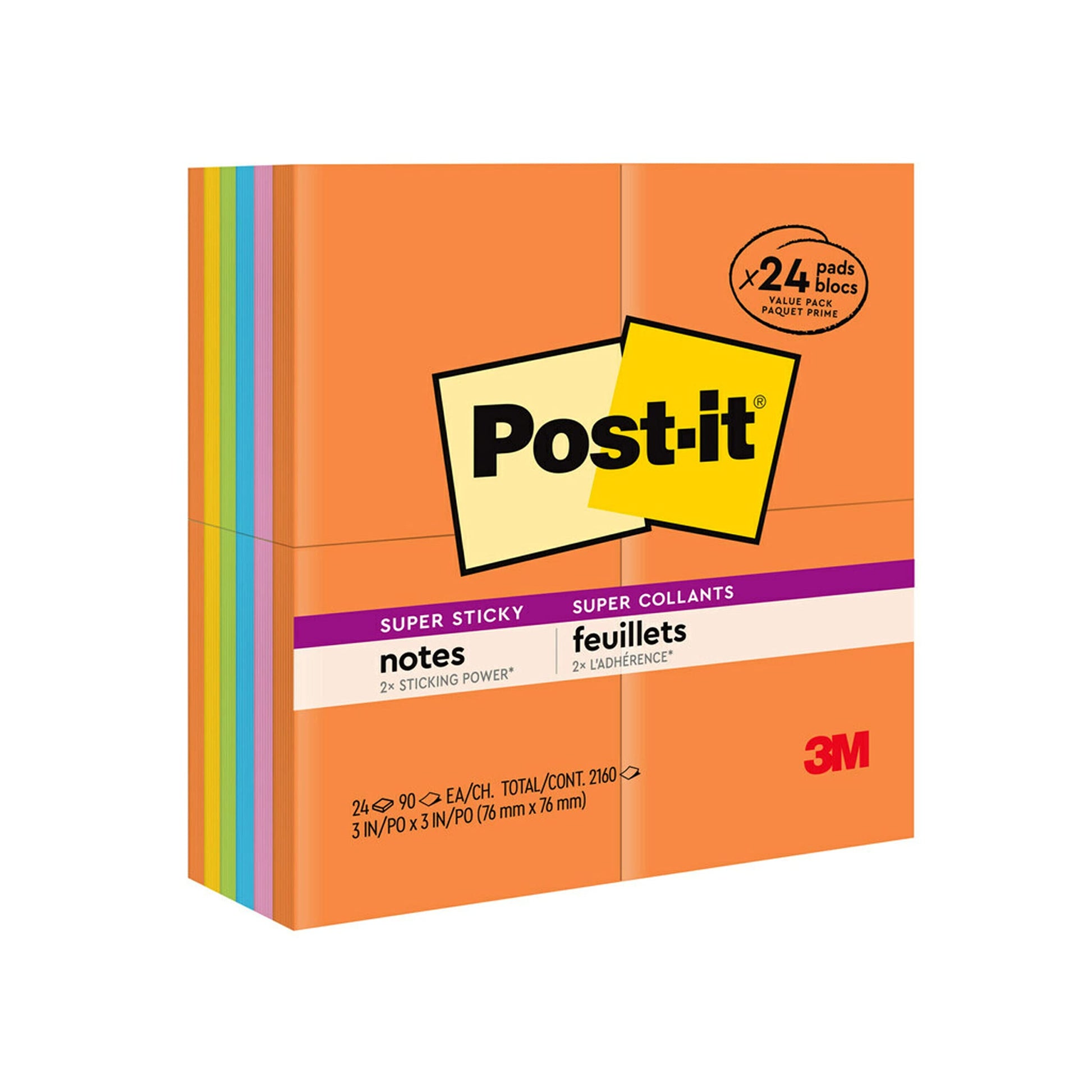 Post-it 65424SSAU Pads in Rio de Janeiro Colors 3 x 3 90-Sheet 24/Pack