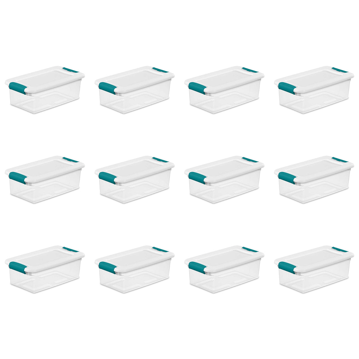 Sterilite 6 Qt Latching Storage Box, Stackable Bin with Latch Lid, Plastic Container to Organize Shoes on Closet Shelf, Clear with White Lid, 12-Pack