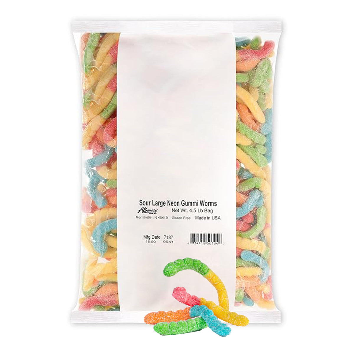 Albanese World's Best Sour Large Neon Gummi Worms, 4.5lbs of Candy