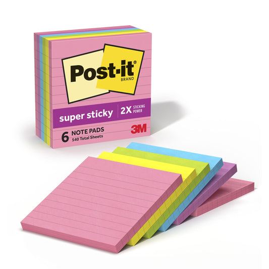 Post-it Super Sticky Lined Notes, 6 Sticky Note Pads, 4 x 4 in., School Supplies, Office Products, Sticky Notes for Vertical Surfaces, Monitors, Walls and Windows, Energy Boost Collection