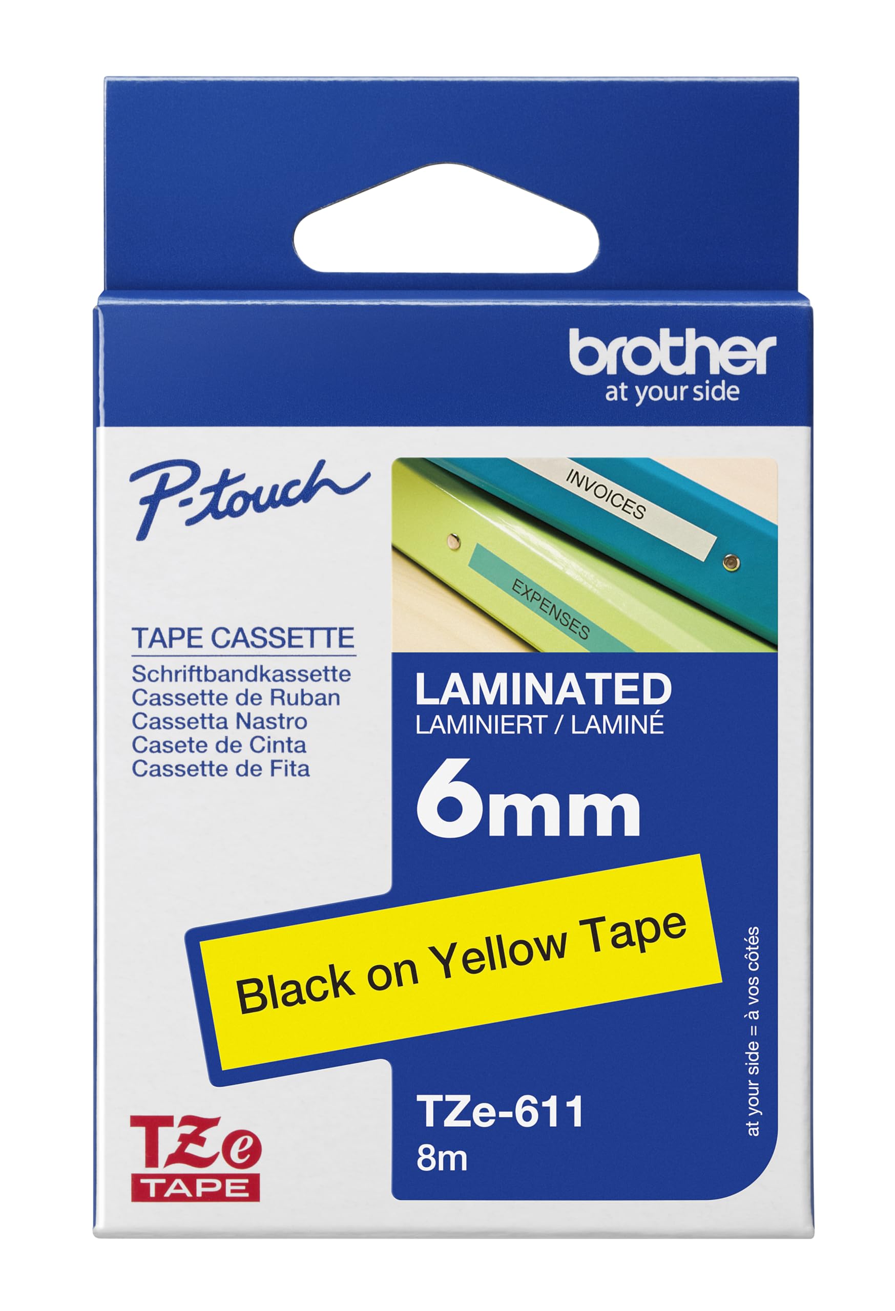 Brother TZe-611 Labelling Tape Cassette, Black on Yellow, 6 mm (W) x 8 m (L), Laminated, Brother Genuine Supplies