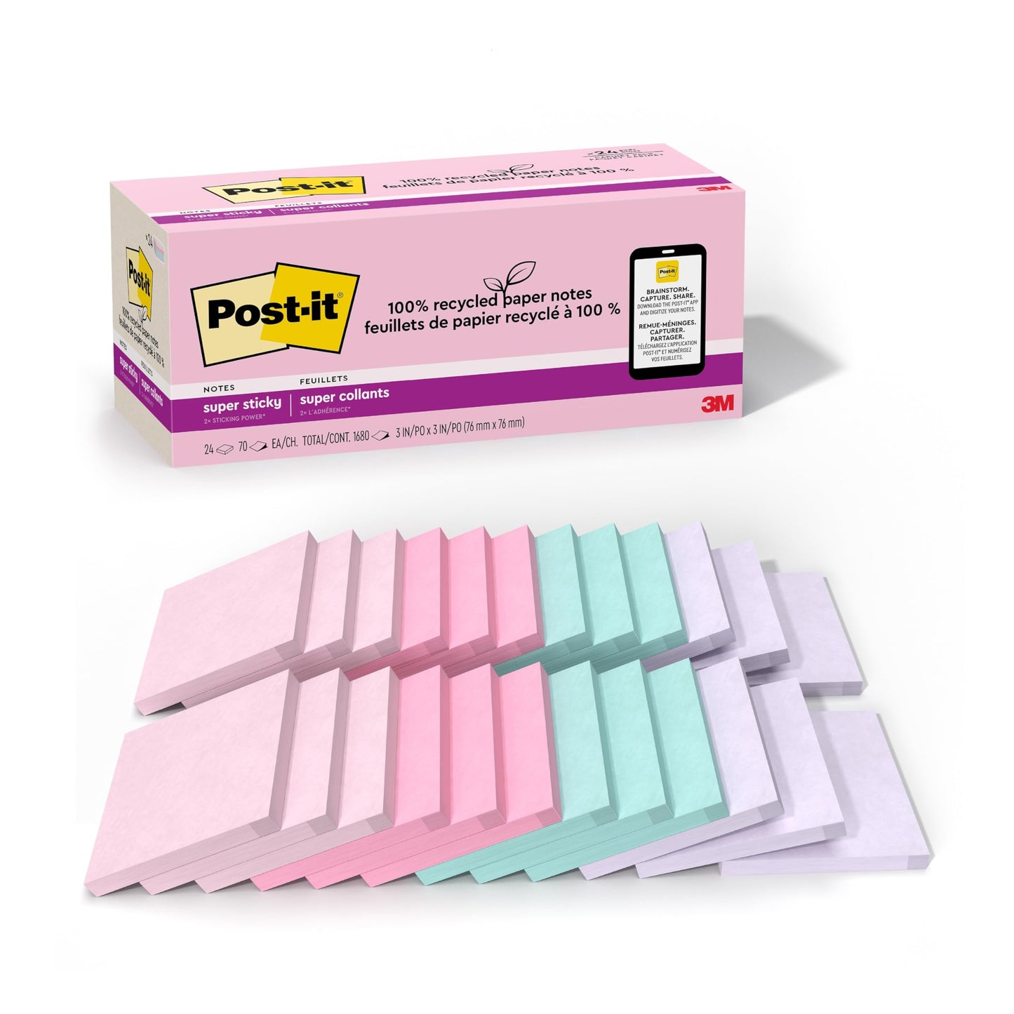 3M Post-it Recycled Super Sticky Notes 3x3 in, 24-Pack