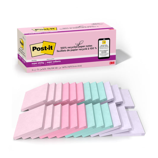 3M Post-it Recycled Super Sticky Notes 3x3 in, 24-Pack