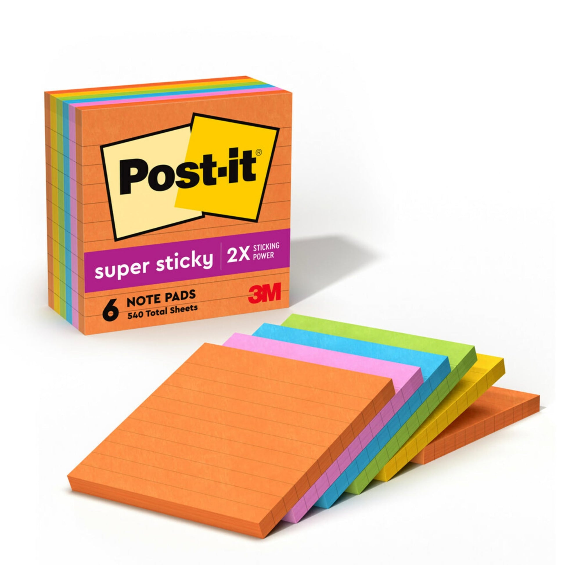 Post-it Super Sticky Lined Notes, 6 Sticky Note Pads, 4 x 4 in., School Supplies, Office Products, Sticky Notes for Vertical Surfaces, Monitors, Walls and Windows, Energy Boost Collection
